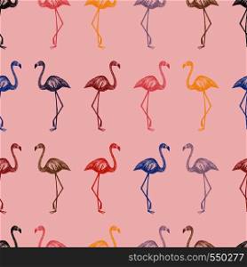 Multicolor hand drawn flamingo in penci seamless pattern pink background. Cartoon wallpaper