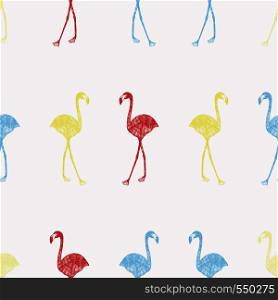 Multicolor hand drawn flamingo in pencil seamless pattern white background. Cartoon wallpaper