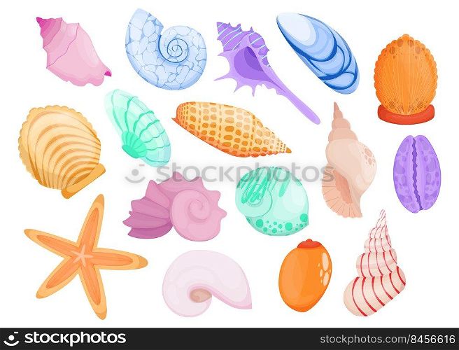 Multicolor hand drawn seashell flat item set for web design. Cartoon colorful sea and ocean shells isolated vector illustration collection. Decorative elements and underwater concept