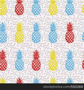 Multicolor hand drawn sketch vector pineapple in pencil seamless pattern abstract background