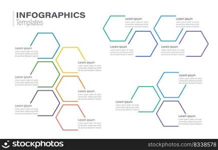 Multicolor honeycomb shaped infographic chart design template set. Abstract infochart kit with copy space. Instructional graphics with connected steps, options. Visual data presentation. Multicolor honeycomb shaped infographic chart design template set