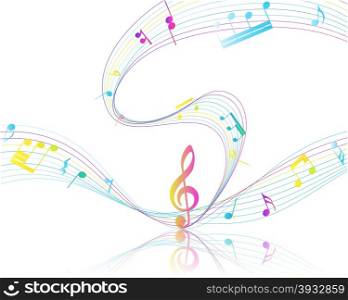 Multicolor Musical Design From Music Staff Elements With Treble Clef And Notes With Copy Space. Elegant Creative Design Isolated on White. Vector Illustration.