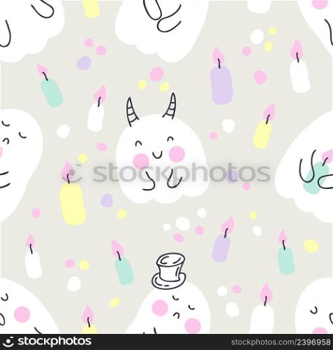 Multicolor seamless pattern with ghosts, candles and spots. Perfect for scrapbooking, poster, textile and prints. Hand drawn vector illustration for decor and design.