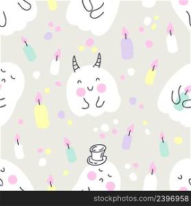 Multicolor seamless pattern with ghosts, candles and spots. Perfect for scrapbooking, poster, textile and prints. Hand drawn vector illustration for decor and design.