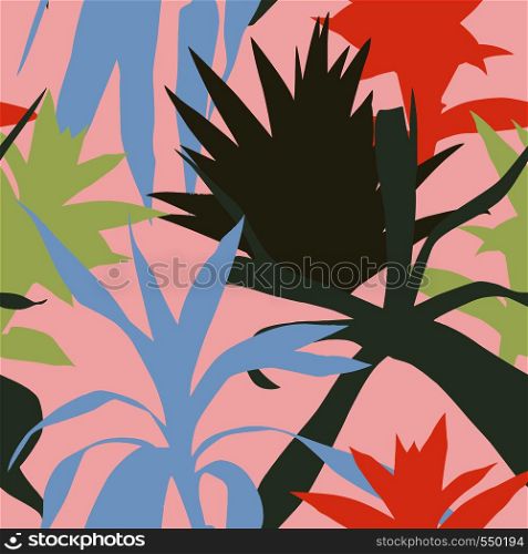 multicolor silhouette of tropical plants pink leaves seamless pattern background