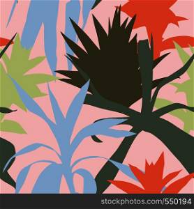 multicolor silhouette of tropical plants pink leaves seamless pattern background