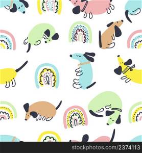 Multicolor summer seamless pattern of dachshunds and rainbows. Perfect for scrapbooking, greeting card, poster, textile and prints. Doodle vector illustration for decor and design.
