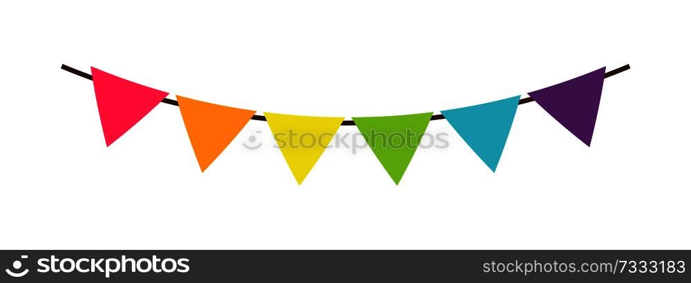 Multicolor triangular bright paper garlands. Colorful birthday flags decoration for party vector decorative elements isolated on white background.. Multicolor Triangular Bright Paper Garlands Flags