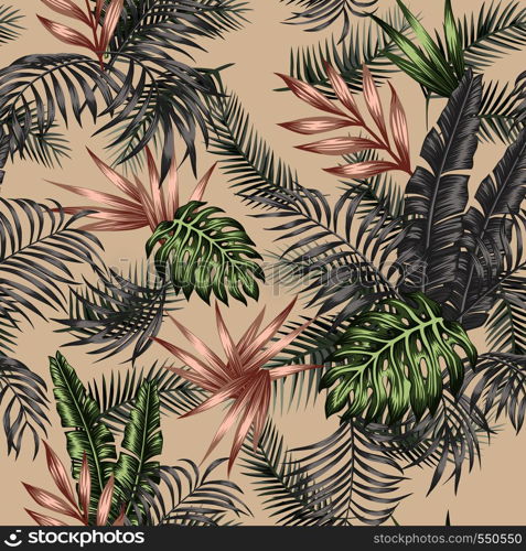 Multicolor tropical palm, banana, monstera leaves seamless vector botanical pattern on the beige background