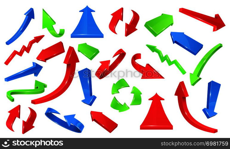 Multicolored 3d glossy arrows. Pointing signs vector set of direction colored arrow illustration. Multicolored 3d glossy arrows. Pointing signs vector set