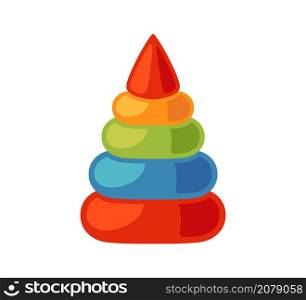Multicolored baby pyramid with wooden rings. Montessori education logic toy for early childhood development. . Children wooden toy for toddlers. Vector illustration isolated on white background.. Multicolored baby pyramid with wooden rings. Montessori education logic toy for early childhood development. . Children wooden toy for toddlers. Vector illustration isolated on white background