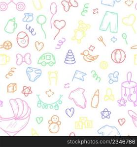 Multicolored baby shower seamless pattern. Background with children toys and items for care. Newborn baby template for fabric, paper, clothing and design vector illustration