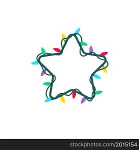Multicolored Christmas lights star shape garland isolated on white background.. Multicolored Christmas lights star shape garland isolated on white background