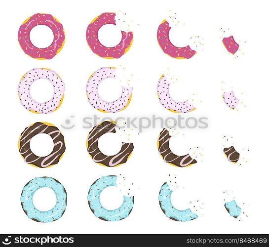 Multicolored donuts with glaze, varying degrees of eaten. Cartoon vector illustration. Set of strawberry and chocolate ring-shaped dough snacks, top view. Food, cake, sweet shop concept for design