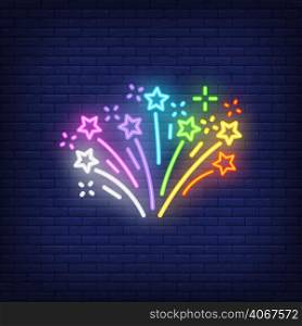 Multicolored firework on brick background. Neon style vector illustration. Salute, festival, decoration. Celebration banner. For holiday, advertising, event concept
