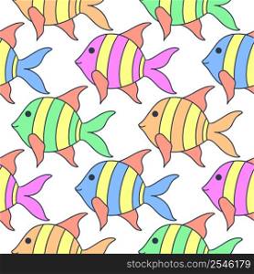 Multicolored fish seamless baby pattern. Background with colored bright underwater inhabitants. Template for textile, kids clothes, paper, cover and design vector illustration. Multicolored fish seamless baby pattern