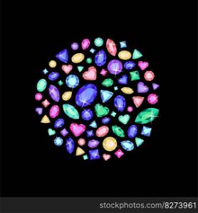 Multicolored gemstones of different shapes are gathered in a circle. T-shirt print, poster, sticker. Vector.