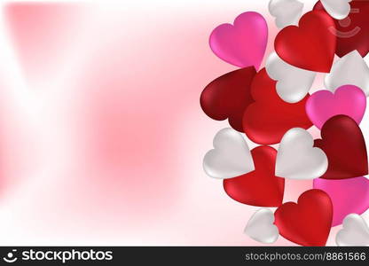 Multicolored hearts on a white and pink background with copy space. Valentine’s Day concept. Universal holiday background. Vector image.