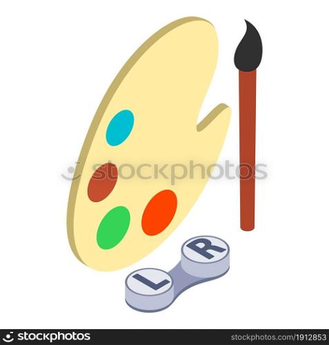 Multicolored lenses icon isometric vector. Lens container and paint palette. Decorative contact lenses, ophthalmic accessory. Multicolored lenses icon isometric vector. Lens container and paint palette