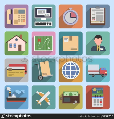 Multicolored logistic transportation service flat icons set of shipping delivery and supply chain isolated vector illustration.. Multicolored logistic icons flat