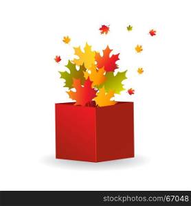 Multicolored maple leaves in opened red box.. Autumn illustration. Multicolored maple leaves in opened red box. The concept of autumn season. Flat isometric vector illustration, isolated on white background
