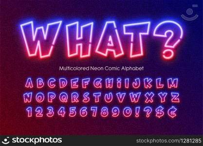 Multicolored neon light alphabet, extra glowing comic style type. Swatch color control.. Multicolored neon light alphabet, extra glowing comic style type.
