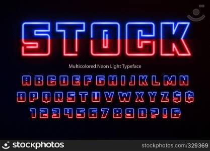 Multicolored Neon light alphabet, extra glowing font. Exclusive swatch color control.. Multicolored Neon light alphabet, extra glowing font