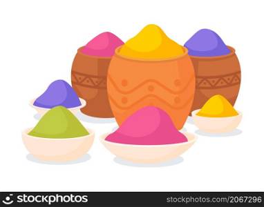 Multicolored powder in containers semi flat color vector object. Realistic item on white. Holi festival supply isolated modern cartoon style illustration for graphic design and animation. Multicolored powder in containers semi flat color vector object