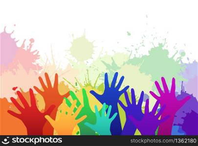 Multicolored rainbow children&rsquo;s hands on background of watercolor splashes. Vector element for your creativity. Multicolored rainbow children&rsquo;s hands on background of watercolo