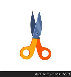 Multicolored scissors isolated on white background. Handle yellow and the blade made of steel. Scissors on vector illustration look shining. Colorful Scissors Vector Illustration