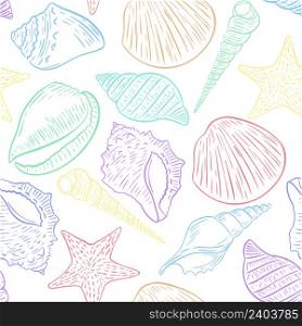 Multicolored seashells seamless pattern. Different seashells background. Marine oceanic template for fabric, paper, wallpaper design vector illustration. Multicolored seashells seamless pattern