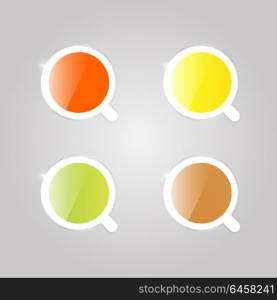 Multicolored shiny mugs with tea, top view.. Multicolored shiny mugs with tea, top view. Vector illustration .