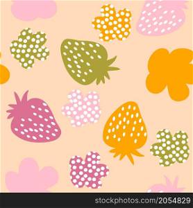 Multicolored strawberries and spotted flowers seamless pattern. Perfect for T-shirt, textile and prints. Hand drawn vector illustration for decor and design.