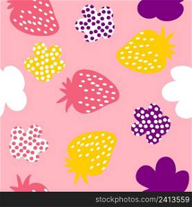 Multicolored strawberries and spotted flowers seamless pattern. Perfect for T-shirt, textile and prints. Hand drawn vector illustration for decor and design.