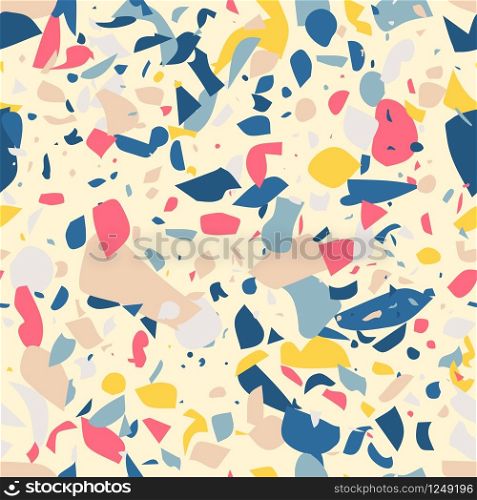 Multicolored Terrazzo Flooring Flat Seamless Pattern Hand Crafted and Unique Classic Italian Type Floor Elements Mockup Repeating Background Granite Textured Shapes Vibrant Colors Vector Illustration. Multicolored Terrazzo Flooring Seamless Pattern