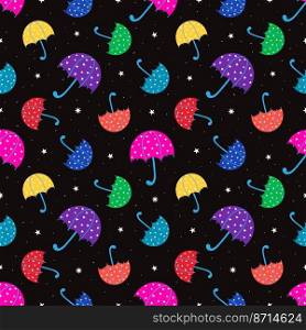 Multicolored umbrellas and stars on a black background form a seamless pattern. vector illustration. Seamless background with colorful umbrellas