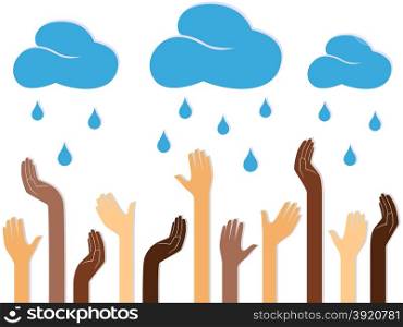 Multicolour human hands outstretched to the sky with raining clouds, conceptual ecologic vector illustration