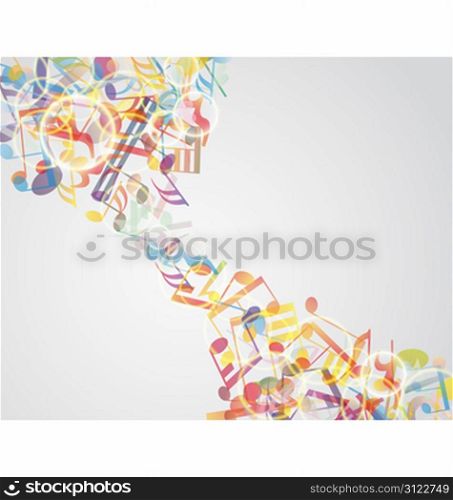 Multicolour musical notes staff background. Vector illustration with transparency EPS 10.