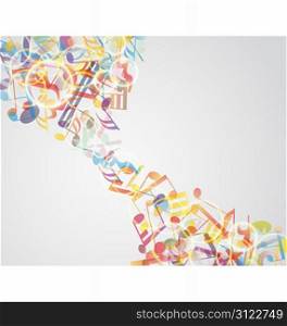 Multicolour musical notes staff background. Vector illustration with transparency EPS 10.