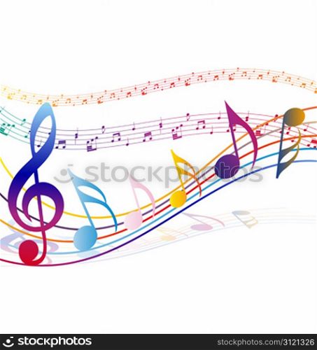 Multicolour musical notes staff background. Vector illustration with transparency EPS10.