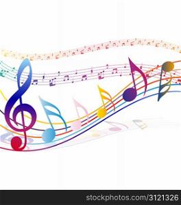 Multicolour musical notes staff background. Vector illustration with transparency EPS10.