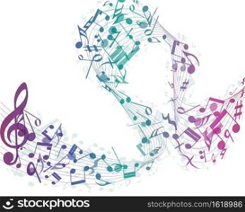 Multicolour  musical notes staff background. Vector illustration with transparency EPS10.. notes staff