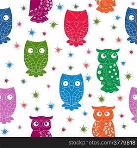 Multicolour owl and stars seamless pattern with lace ornamental bodies and without contour lines, hand drawing cartoon vector illustration