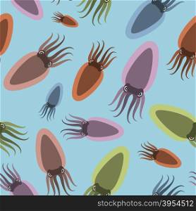 Multicoloured Marine molluscs seamless pattern on a blue background. Vector background of cuttlefish with tentacles.