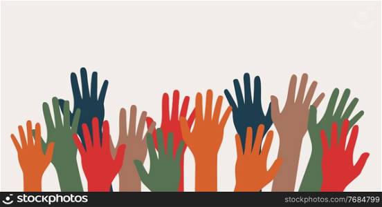 Multicultural and multiethnic people community integration concept with raised human hands. Racial equality of different culture and countries background. Vector Illustration. Multicultural and multiethnic people community integration concept with raised human hands. Racial equality of different culture and countries background. Vector Illustration EPS10