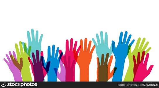 Multicultural and multiethnic people community integration concept with raised human hands. Racial equality of different culture and countries background. Vector Illustration. Multicultural and multiethnic people community integration concept with raised human hands. Racial equality of different culture and countries background. Vector Illustration EPS10