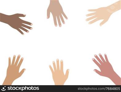 Multicultural and multiethnic people community integration concept with raised human hands. Racial equality of different culture and countries background. Vector Illustration.. Multicultural and multiethnic people community integration concept with raised human hands. Racial equality of different culture and countries background. Vector Illustration