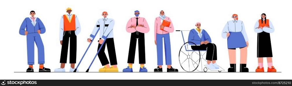 Multicultural business team with people with disabilities. Group of diverse employees, african american, asian and muslim characters, men on wheelchair and crutches, vector flat illustration. Business team with people with disabilities