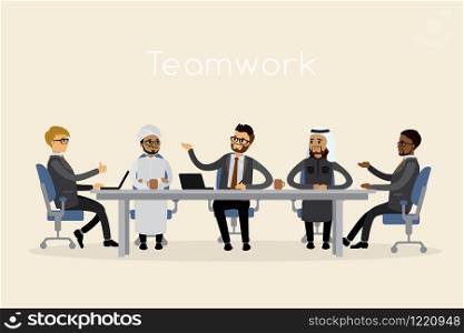 Multicultural Businessmen or office workers,people of different races are sitting at the table,teamwork concept,flat vector illustration