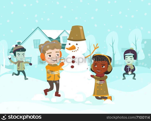 Multicultural children playing snowball fight and making a snowman in the yard. Happy African-american, Asian, Caucasian little friends having fun in the snow in winter. Vector cartoon illustration.. Multicultural children making a snowman.